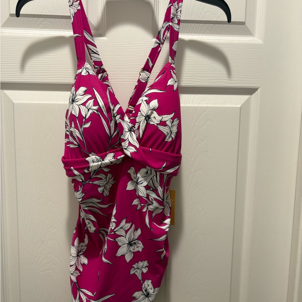 Kona Sol Pink and White Floral Tankini Top Swimwear